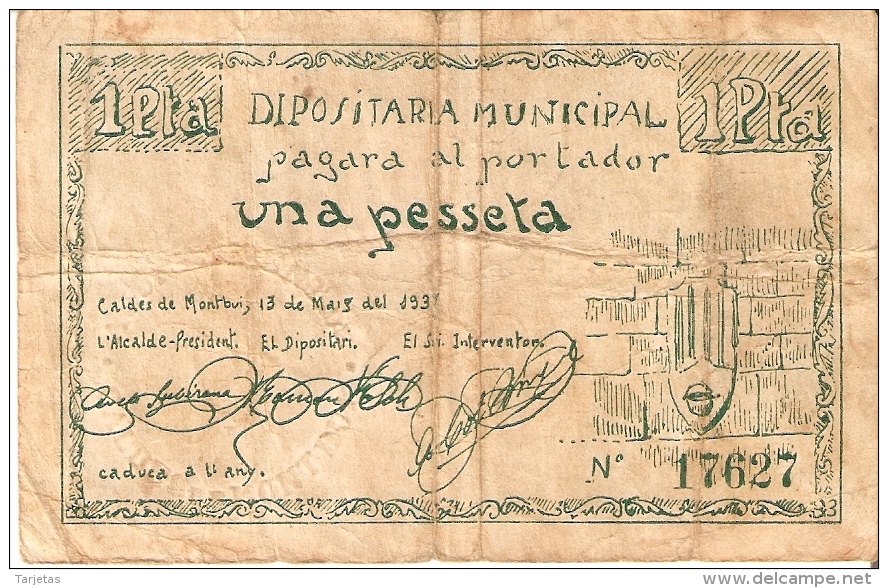 BILLETE DE 1 PTA DEL AJUNTAMENT DE CALDES DE MONTBUI (SELLO SECO) DEL AÑO 1937 (BANKNOTE) - Otros & Sin Clasificación