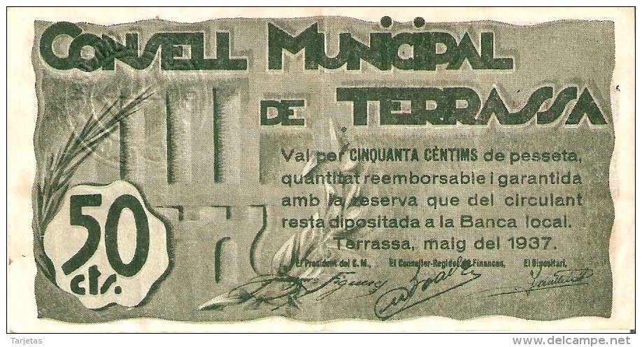 BILLETE DE 50 CTS DEL CONSELL MUNICIPAL DE TERRASSA  (SELLO SECO) DEL AÑO 1937 (BANKNOTE) - Autres & Non Classés