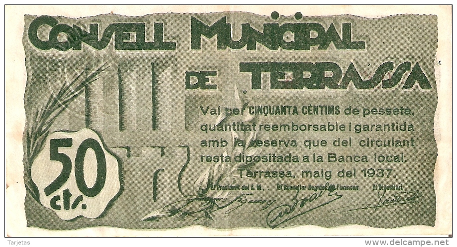 BILLETE DE 50 CTS DEL CONSELL MUNICIPAL DE TERRASSA  (SELLO SECO) DEL AÑO 1937 (BANKNOTE) - Otros & Sin Clasificación