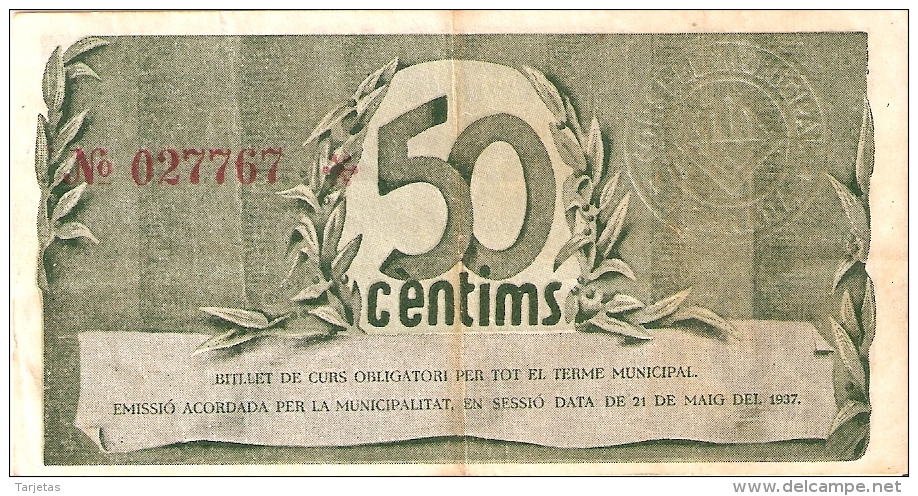 BILLETE DE 50 CTS DEL CONSELL MUNICIPAL DE TERRASSA  (SELLO SECO) DEL AÑO 1937 (BANKNOTE) - Andere & Zonder Classificatie