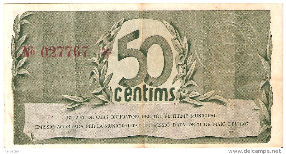 BILLETE DE 50 CTS DEL CONSELL MUNICIPAL DE TERRASSA  (SELLO SECO) DEL AÑO 1937 (BANKNOTE) - Otros & Sin Clasificación