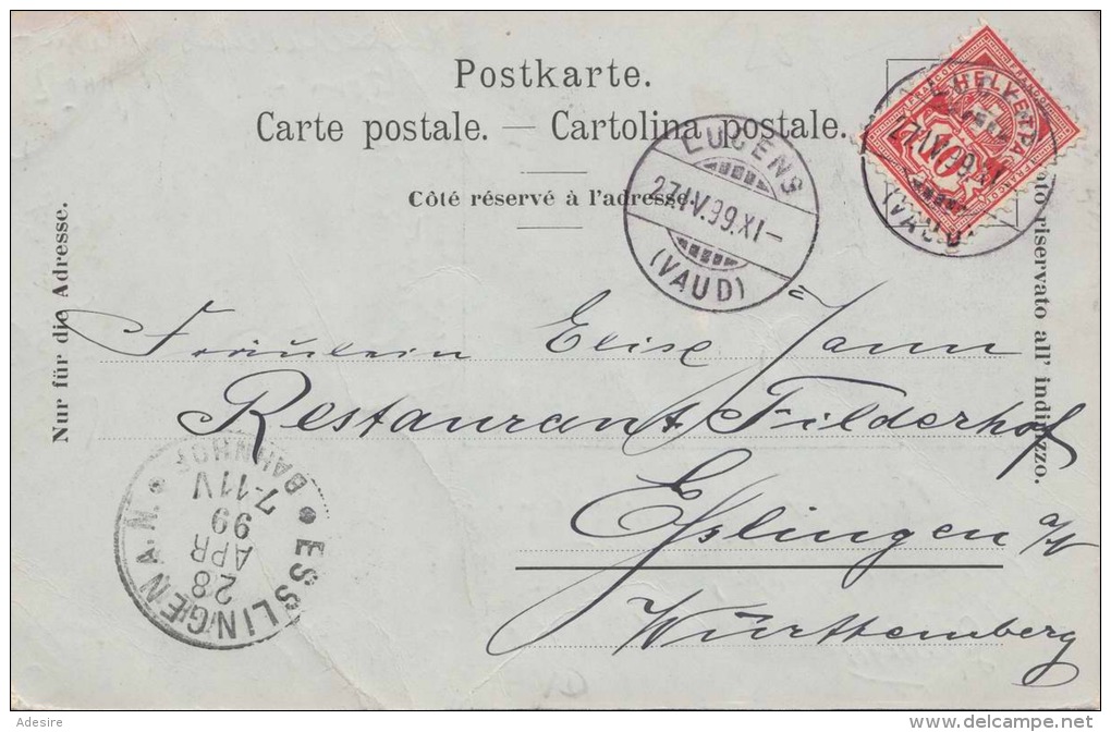 1899 LAUSANNE, VILLAGE SUISSE, RAN IN 1899, RAILWAY POST STAMPS ESSLINGEN, GERMANY, STAMP LUCENS (VAUD) - Lausanne