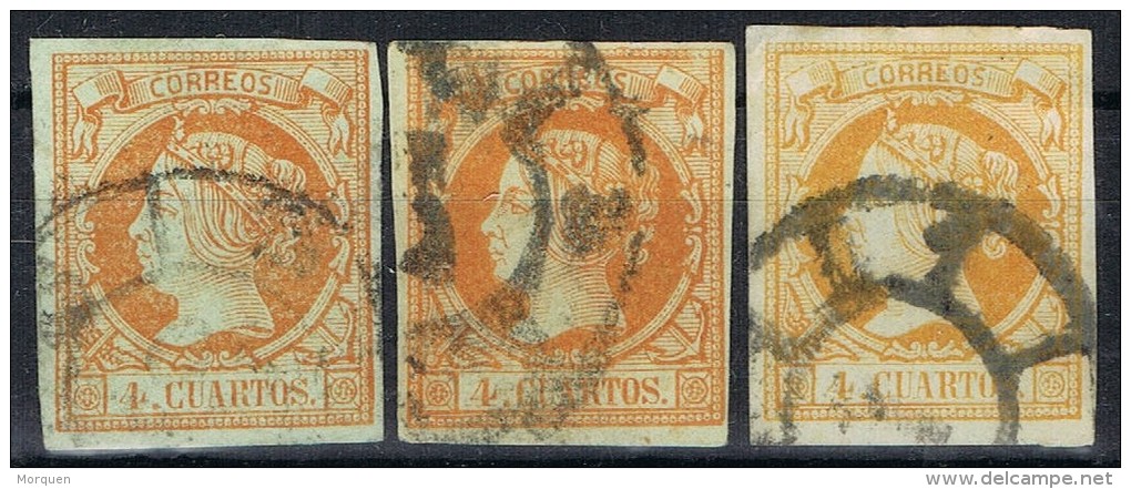 Lote 3 Sellos 4 Cuartos Isabel II 1860, Variedades Color, Num 52, 52a Y 52b º - Usados