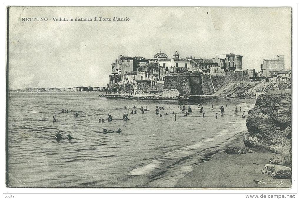 CARTOLINA - NETTUNO - VEDUTA IN DISTANZA DI PORTO D'ANZIO - ANIMATA - BAGNANTI -  VIAGGIATA 1912 - Mehransichten, Panoramakarten