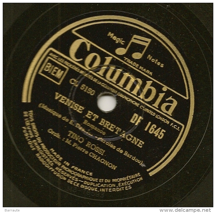 78 Tours Aiguille COLUMBIA N° DF 1645 NOEL En MER Et VENISE Et BRETAGNE Par Tino ROSSI. - 78 Rpm - Gramophone Records