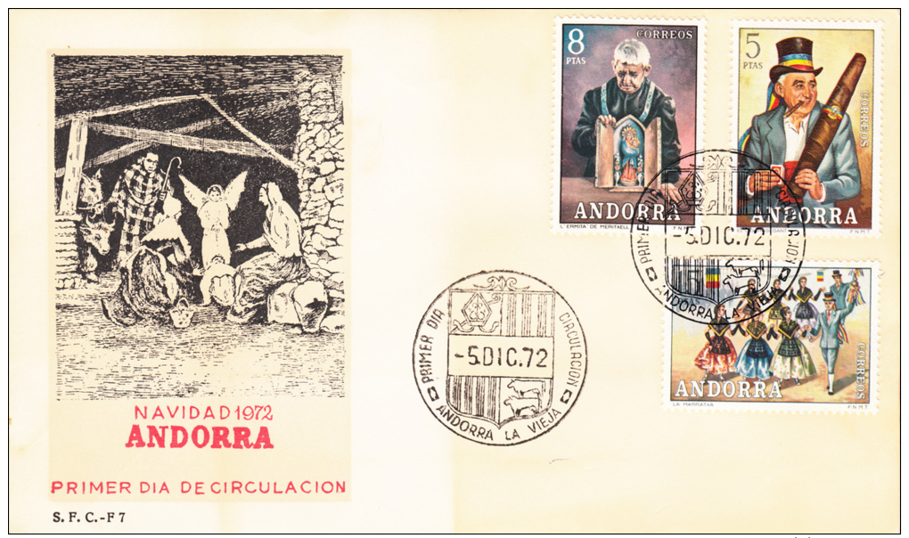 1972 ANDORRA ESPAÑOLA TIPOS POPULARES FDC - Storia Postale