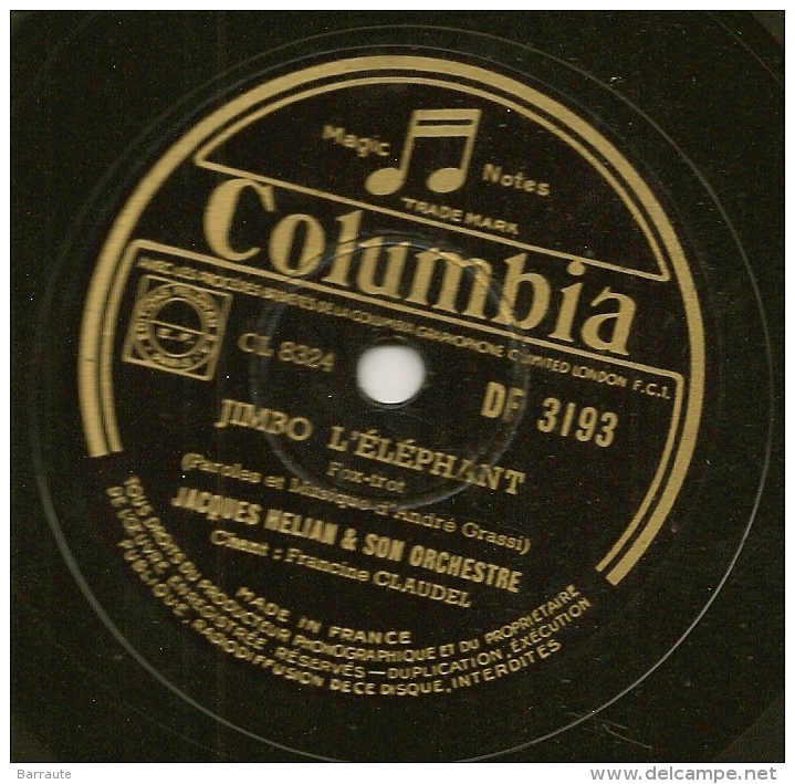 78 Tours Aiguille COLUMBIA N° DF 3193 JUMBO L'ELEPHANT & LA PLUS BELLE VALSE D'AMOUR - 78 Rpm - Gramophone Records