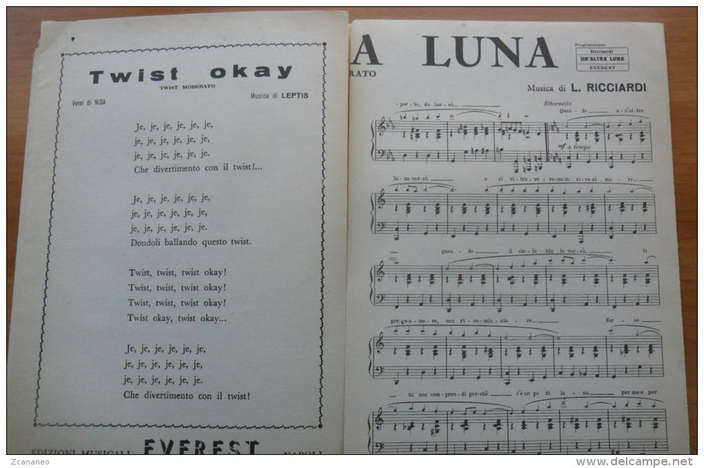 *SPARTITO - TWIST OKAY - UN'ALTRA LUNA - VERSI DI DV. DE CRESCENZO E MUSICA L. RICCIARDI - - Partitions Musicales Anciennes