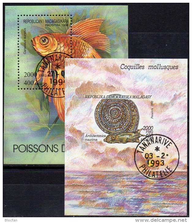 Meeresschnecken 1993 Fisch Goldbrasse Madagaskar Block 208+263 O 6€ Mollusken WWF M/s Fauna Bloc Fish Sheets Bf Malagasy - Oblitérés