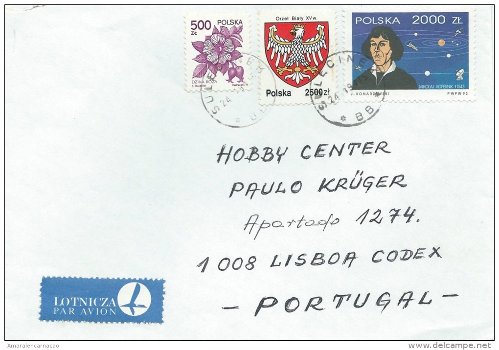 Timbres - Stamps - Lettre Recommandée De La Pologne Au Portugal  - Timbre De Copernico E Deux Autres Différents - Astrologie