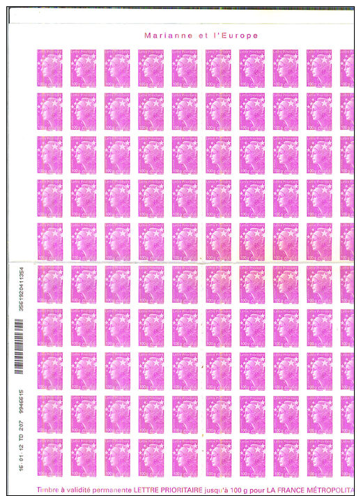 FRANCE / 100 Timbres Autocollants Lettre Prioritaire 100g / Sous Faciale - Otros & Sin Clasificación