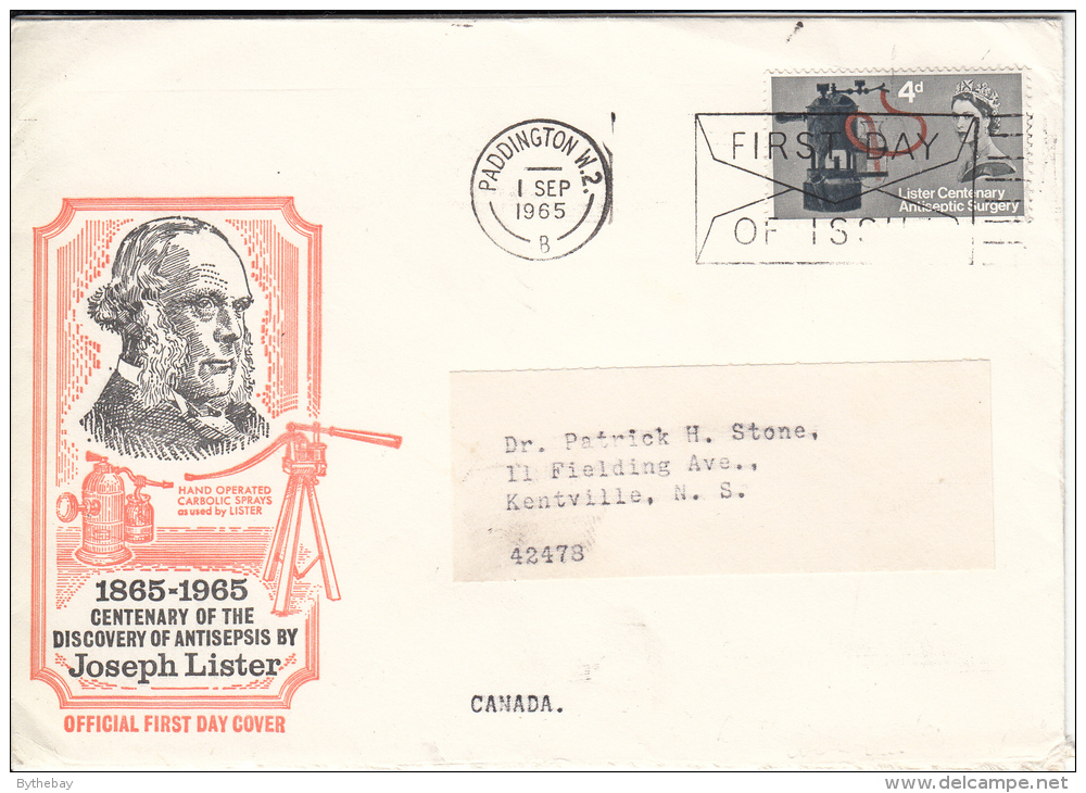 Great Britain FDC Scott #426 4p Lister's Carbolic Spray Cancel First Day Of Issue Paddington Envelope Design - 1952-1971 Em. Prédécimales