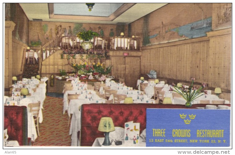 New York NY New York, Three Crowns Restaurant Interior View, Smorgasbord Swedish Cuisine, C1940s Vintage Linen Postcard - Bars, Hotels & Restaurants