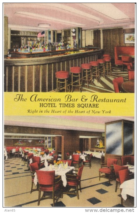 New York NY New York, American Bar & Restaurant, Times Square Hotel, Interior View, C1940s Vintage Postcard - Cafés, Hôtels & Restaurants