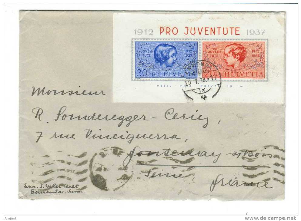 Suisse // Pro-Juventute /  Lettre  Avec Le Bloc-feuillet De 1937 Pour La France - Storia Postale