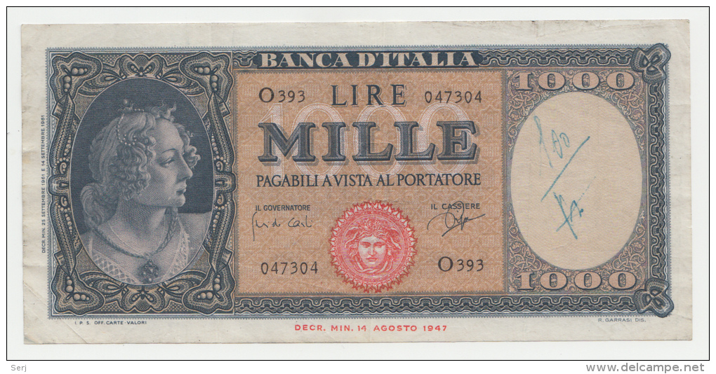 Italy 1000 Lire 1947 (1961) VF+ P 88d 88 D - 1000 Liras