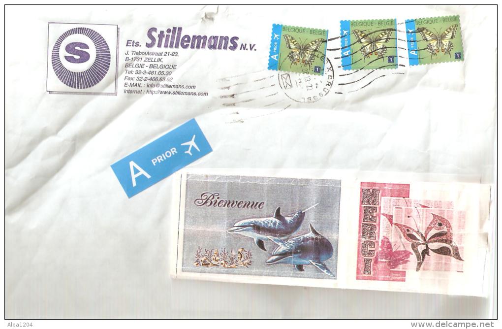 ENVELOPPE MOYEN FORMAT EPAISSE AVEC TROIS TIMBRES BELGIQUE IDENTIQUES - THEME LES PAPILLONS - OBLITERES - Covers & Documents