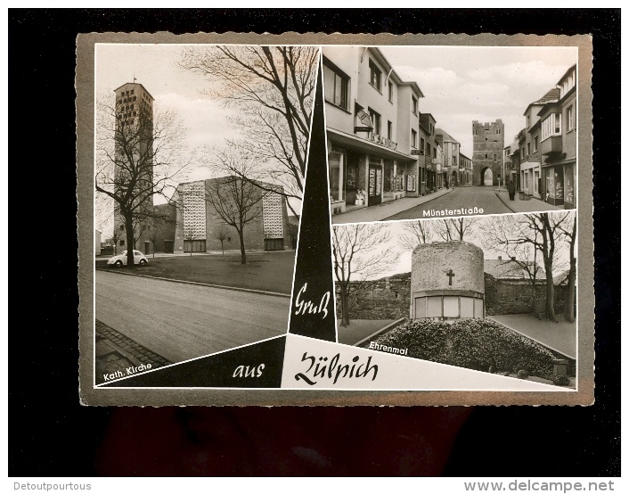 ZÜLPICH Zuelpich Gruss Aus   Katolische Kirche Münsterstrasse Mit Th Schmitz Geschäft Ehrenmal (VW Beetle ) - Zuelpich