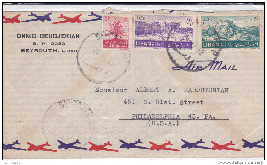 LIBAN - 1952 - ENVELOPPE Par AVION De BEYROUTH Pour PHILADELPHIA (USA) - Libanon