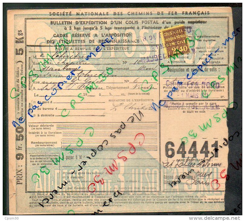 Colis Postaux Bulletin D'expédition 5kg 9fr50 N°64441 Timbre 2f40 Cachet Gare S.N.C.F. NORD MAUBEUGE A GV - Lettres & Documents