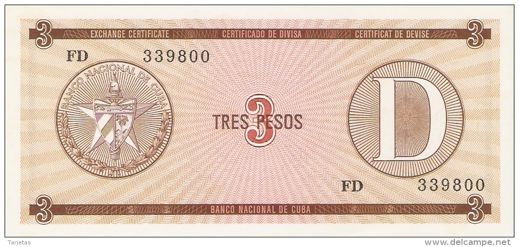 BILLETE DE CUBA DE 3 PESOS SERIE D SIN CIRCULAR-UNCIRCULATED   (BANKNOTE-BANK NOTE) - Cuba