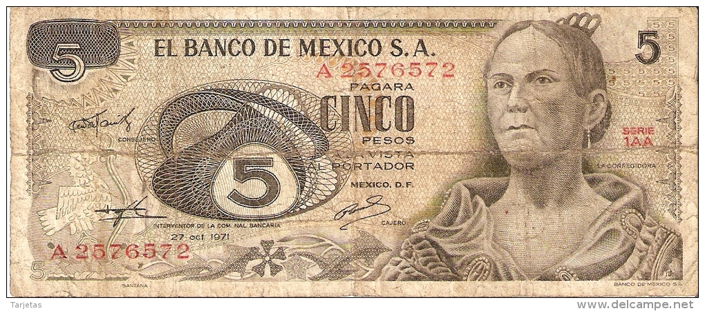 BILLETE DE MEXICO DE 5 PESOS  AÑO 1971  (BANKNOTE) - Mexique