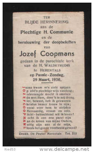 Herentals Plechtige Communie Prentje 29 / 3 / 1936 Van Jozef Coopmans In De Kerk Van De H. Waldetrudis - Herentals