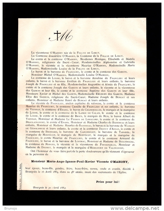 Faire-part Décès M. Marie Ange Ignace Paul Xavier Vicomte O´MAHONY, Bourgoin, 1884 - Obituary Notices