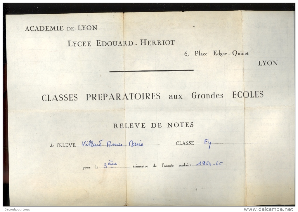 Lycée Edouard Herriot LYON Place Edgar Quinet Relevé De Notes Classes Préparatoires Aux Grandes Ecoles 1964 - Diploma's En Schoolrapporten