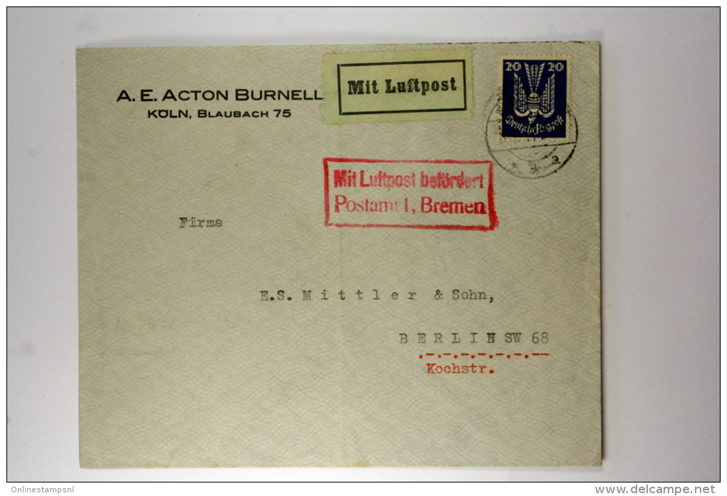 Deutsche Reich: AE Action Burnell Luftpost Brief , Gremen - Berlin, Mit Lüftpost... - Poste Aérienne & Zeppelin