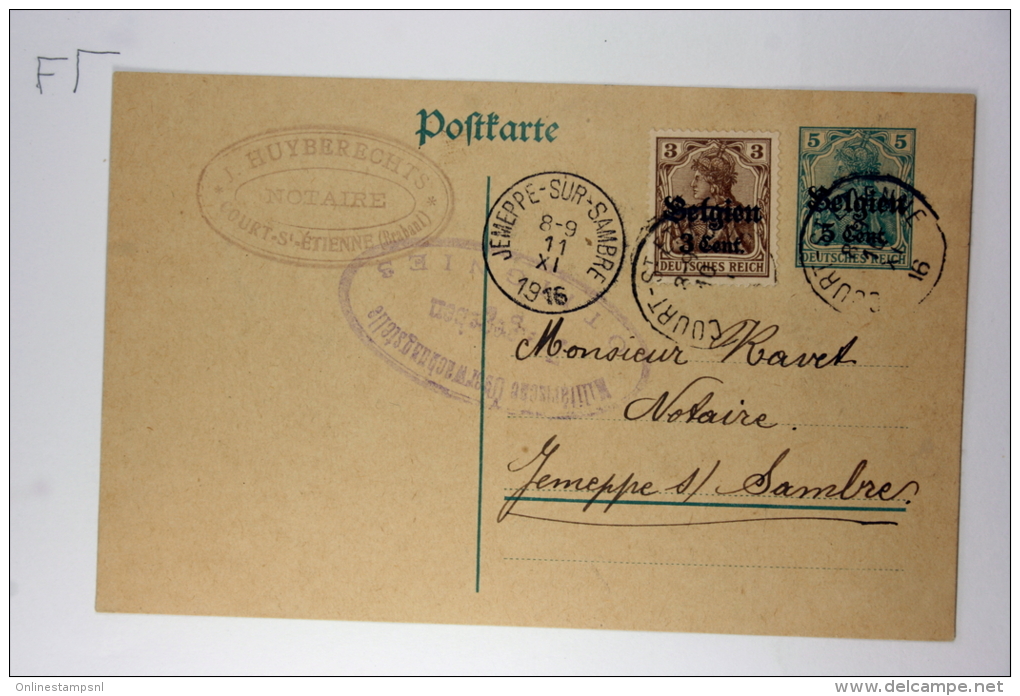 Belgium: Postcard 1916 , Mi P9 II, CV 40 Euro, Mit Zusatzfrankatur, Upgraded, Court Jemeppe-sur-Sambre - OC1/25 Gobierno General