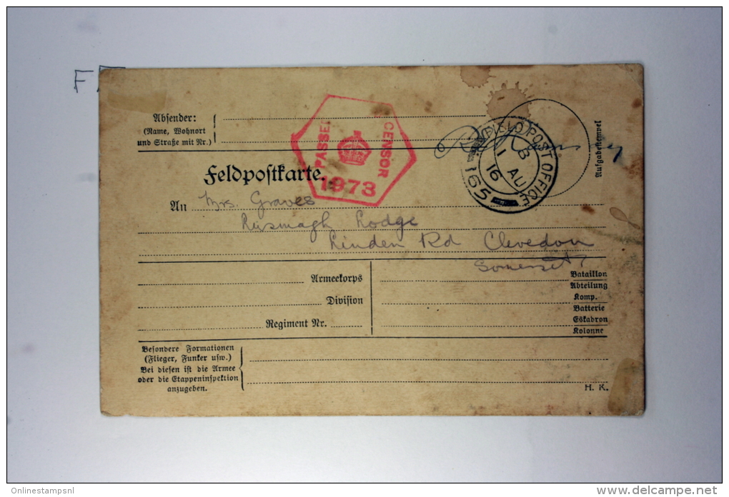 UK, Rare: German Fieldpostcard Found By English Soldier In German Dugout  Send To UK By Fieldpost  1916, Censored - Brieven En Documenten