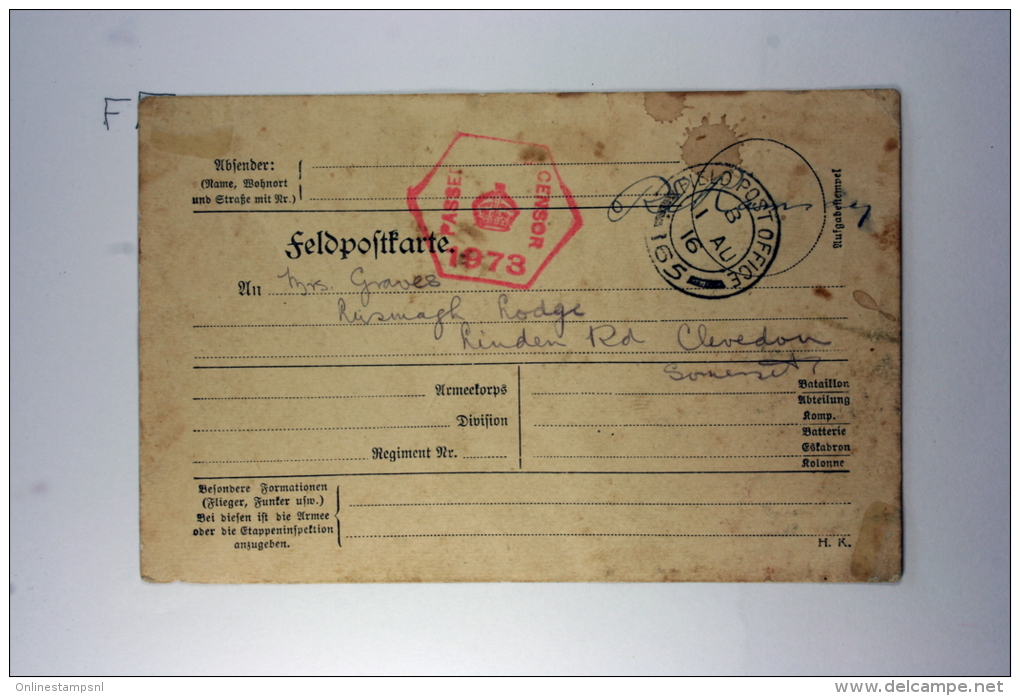 UK, Rare: German Fieldpostcard Found By English Soldier In German Dugout  Send To UK By Fieldpost  1916, Censored - Storia Postale