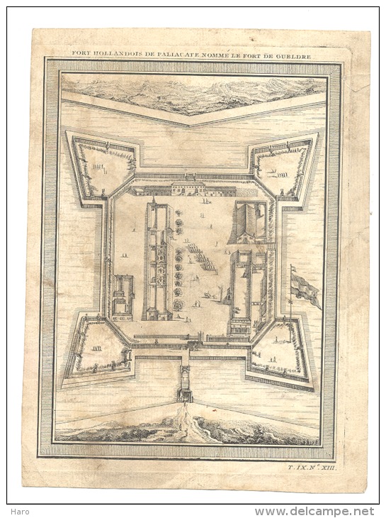 Ancienne Gravure Du Fort Hollandais De Paliacate Nommé Le Fort De Gueldre-Indes - Golfe Du Bengale 1751 -Pays-Bas(sf75) - Architecture