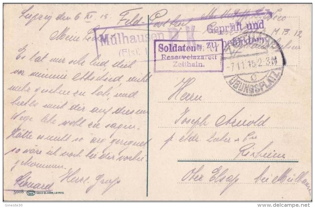 FELDPOST - "SOLDATENBRIEF / RESERVELAZARETT / ZELTHAIN" - CENSURE MULHAUSEN - 1915 - Guerre De 1914-18