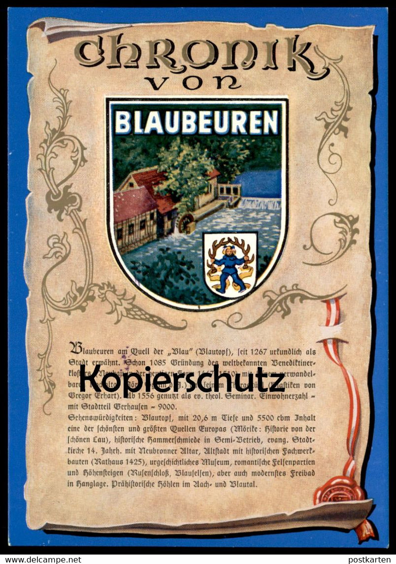 POSTKARTE CHRONIK VON BLAUBEUREN WAPPEN & GESCHICHTE STEMPEL 700 JAHRE 1967 Chronikkarte Chronique Chronicle Storycard - Blaubeuren