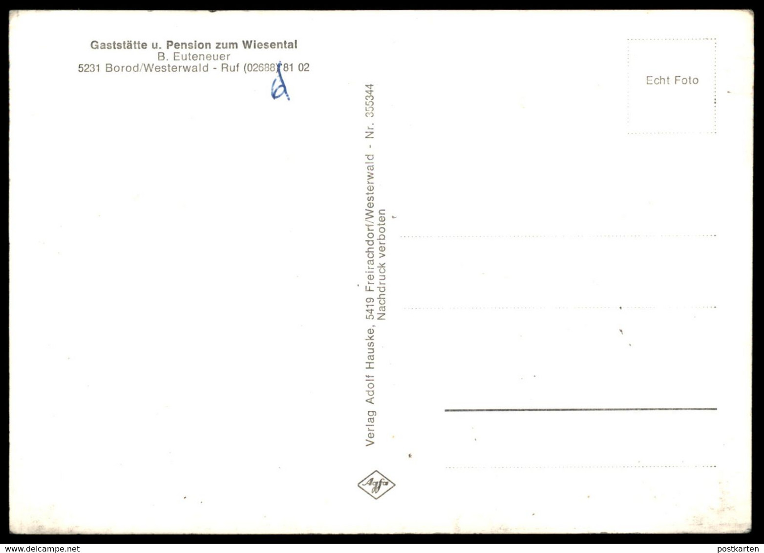 ÄLTERE POSTKARTE GRUSS AUS BOROD IM WESTERWALD GASTSTÄTTE UND PENSION ZUM WIESENTAL B. EUTENEUER Hachenburg Cpa Postcard - Hachenburg