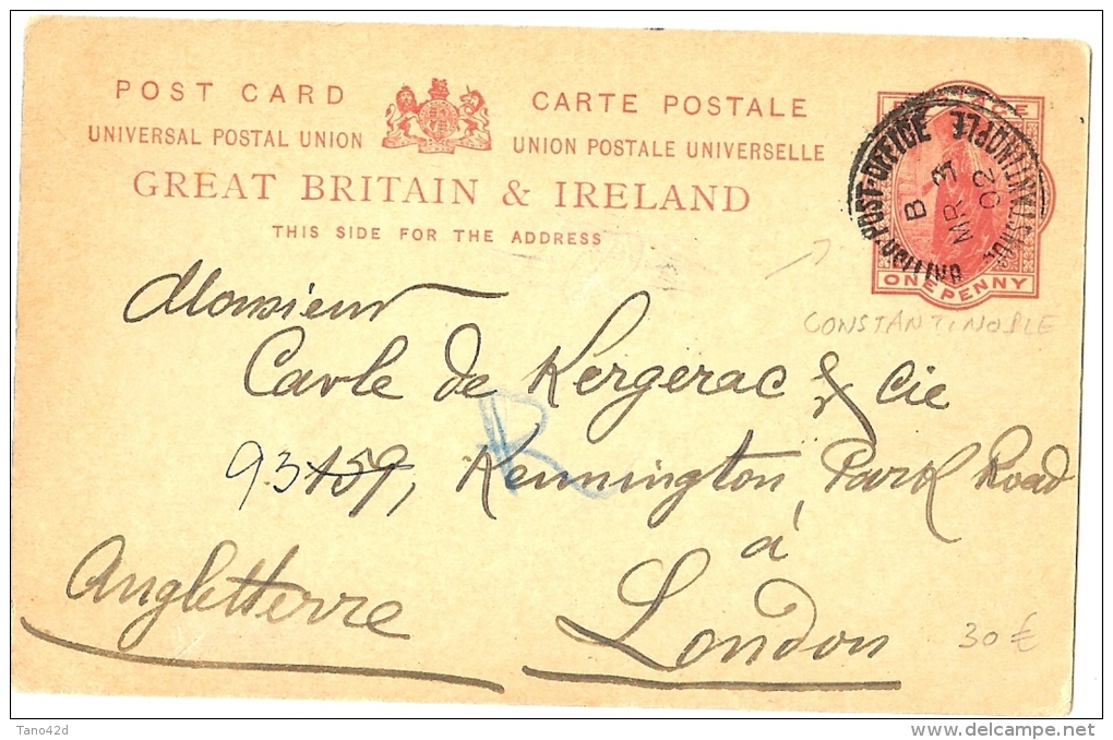 LBL16/4 - LEVANT BRITANNIQUE - EP CP OBL. CONSTANTINOPLE POUR LONDRES 3/3/1902 - Levante Britannico