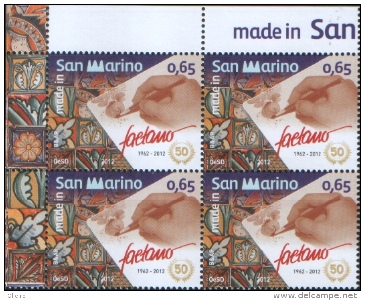 San Marino 2012 Made In San Marino "50 Anni Di Ceramica  Faetano"  1v Complete Set In Quartina  ** MNH - Unused Stamps