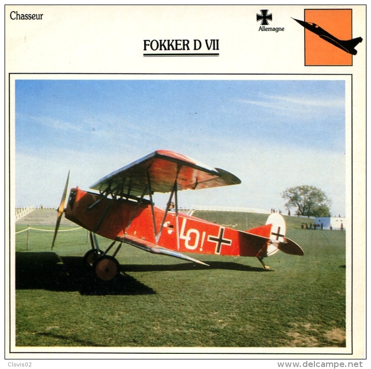 Fiche Aviation Chasseur FOKKER D VII - Airplanes