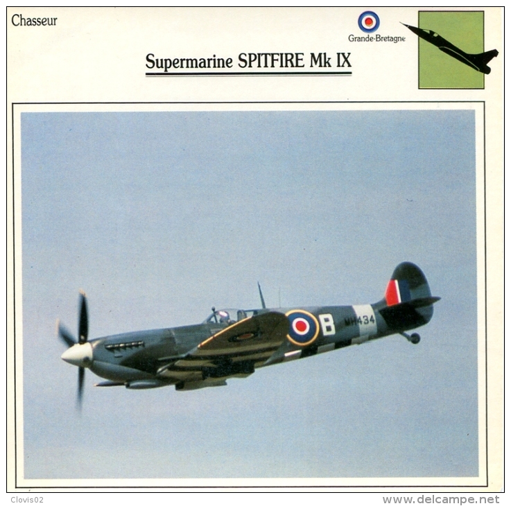 Fiche Aviation Chasseur Supermarine SPITFIRE Mk IX - Airplanes