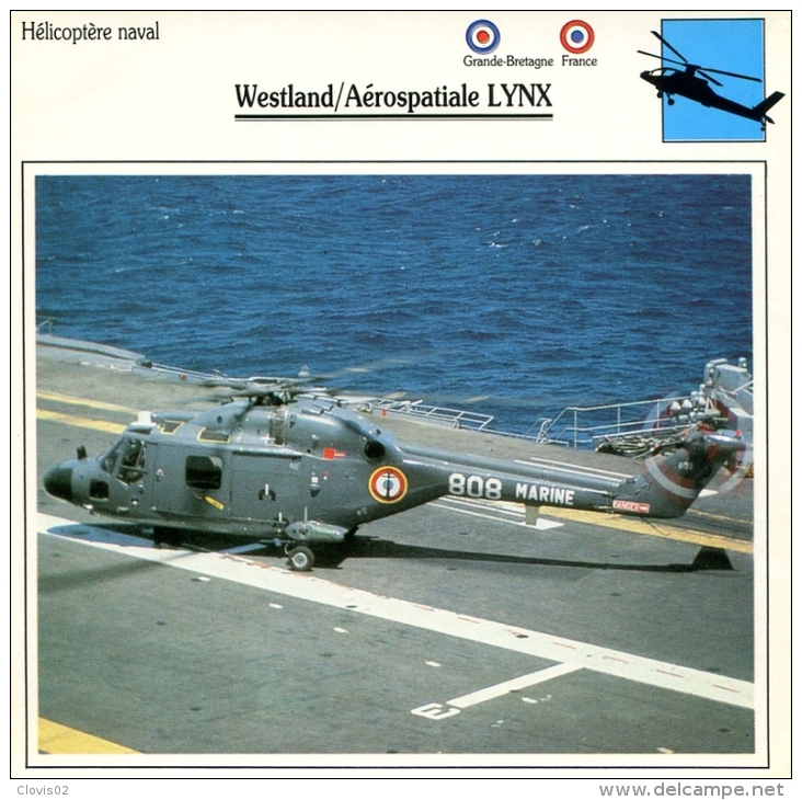 Fiche Aviation Hélicoptère Naval Westlan - Aérospatiale LYNX - Airplanes