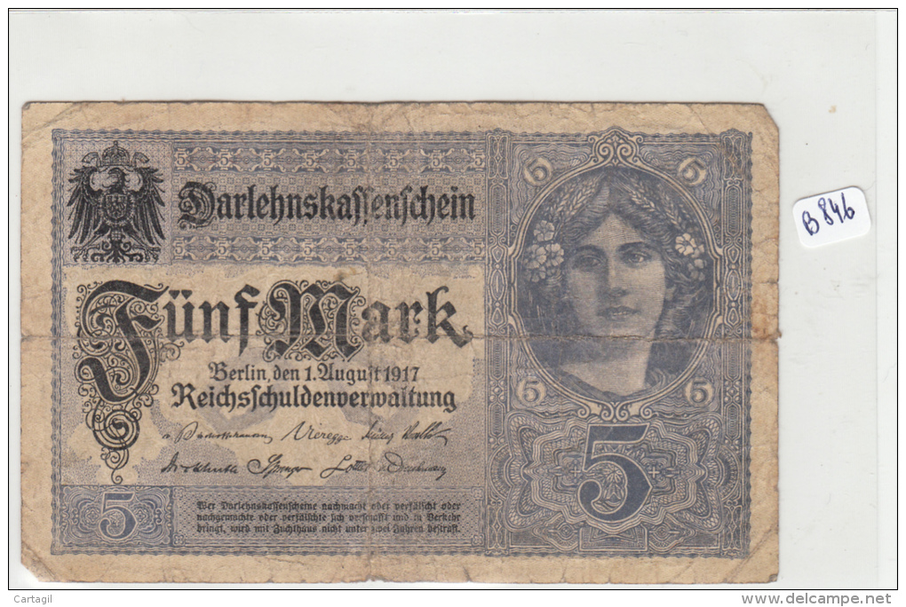 Billets - B846 -  Allemagne   - Billet  5  Mark 1917 ( Type, Nature, Valeur, état... Voir 2 Scans) - 5 Mark