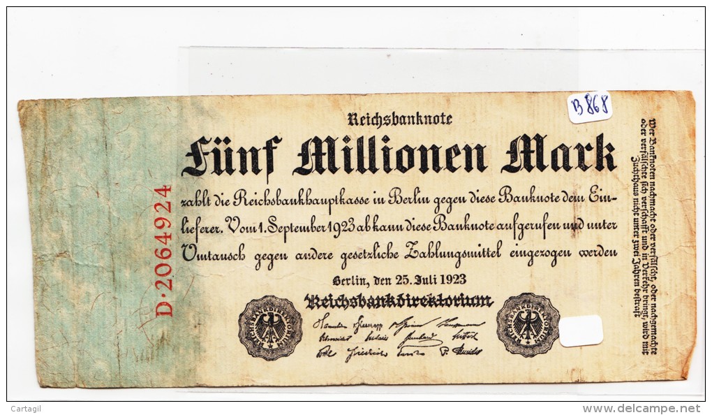 Billets - B868-  Allemagne   - Billet Fünf  Millionen   Mark 1923 ( Type, Nature, Valeur, état... Voir Scan) - 5 Miljoen Mark