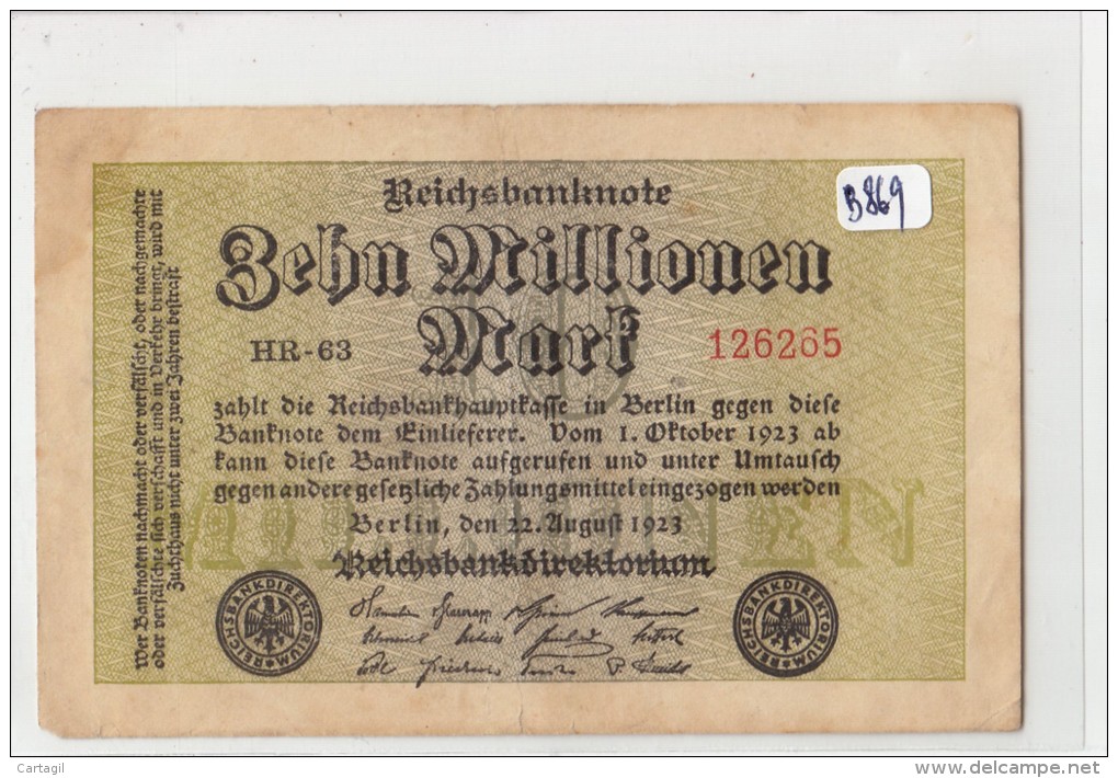 Billets - B869-  Allemagne   - Billet Zehn   Millionen   Mark 1923 ( Type, Nature, Valeur, état... Voir Scan) - 10 Millionen Mark