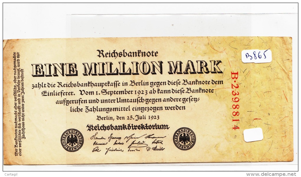 Billets - B865-  Allemagne   - Billet Eine   Million  Mark 1923 ( Type, Nature, Valeur, état... Voir Scan) - 1 Miljoen Mark