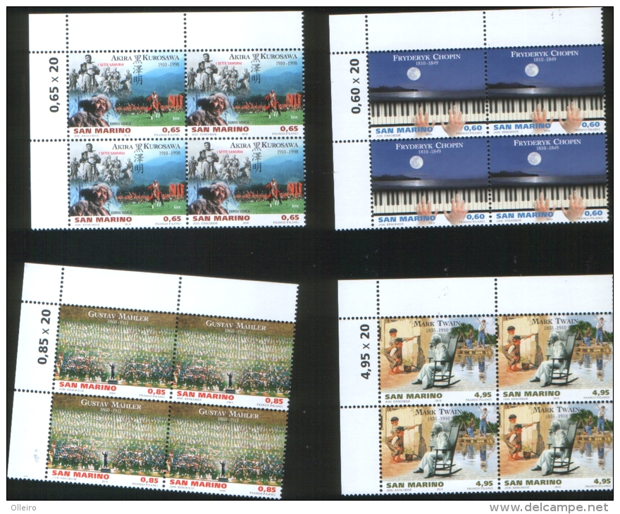 San Marino 2010 Artisti (Chopin,Kurosawa,Mahler E Twain) 4v Complete Set In Quartina   ** MNH - Unused Stamps