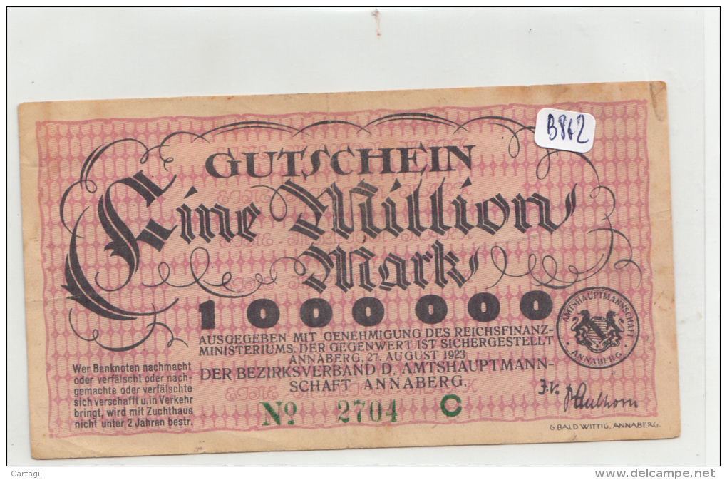 Billets - B862-  Allemagne   - Gutschein  Annaberg Ein Million Mark 1923 ( Type, Nature, Valeur, état... Voir 2scans) - Zwischenscheine - Schatzanweisungen
