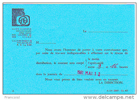 Avis De Coupure De Courant Pour Cause De Travaux. A.L.E.  Association Liégeoise D'électricité. - 1950 - ...