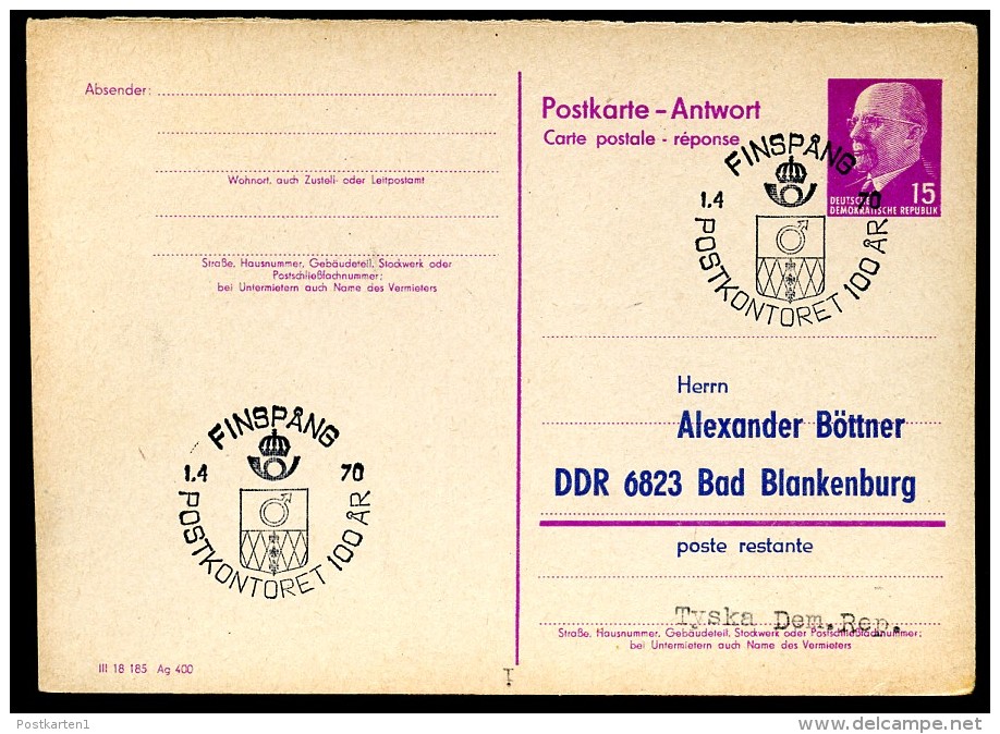 100 JAHRE POSTFILIALE FINSPÅNG Schweden Auf DDR P74A Antwort-Postkarte ZUDRUCK BÖTTNER #1 - Post